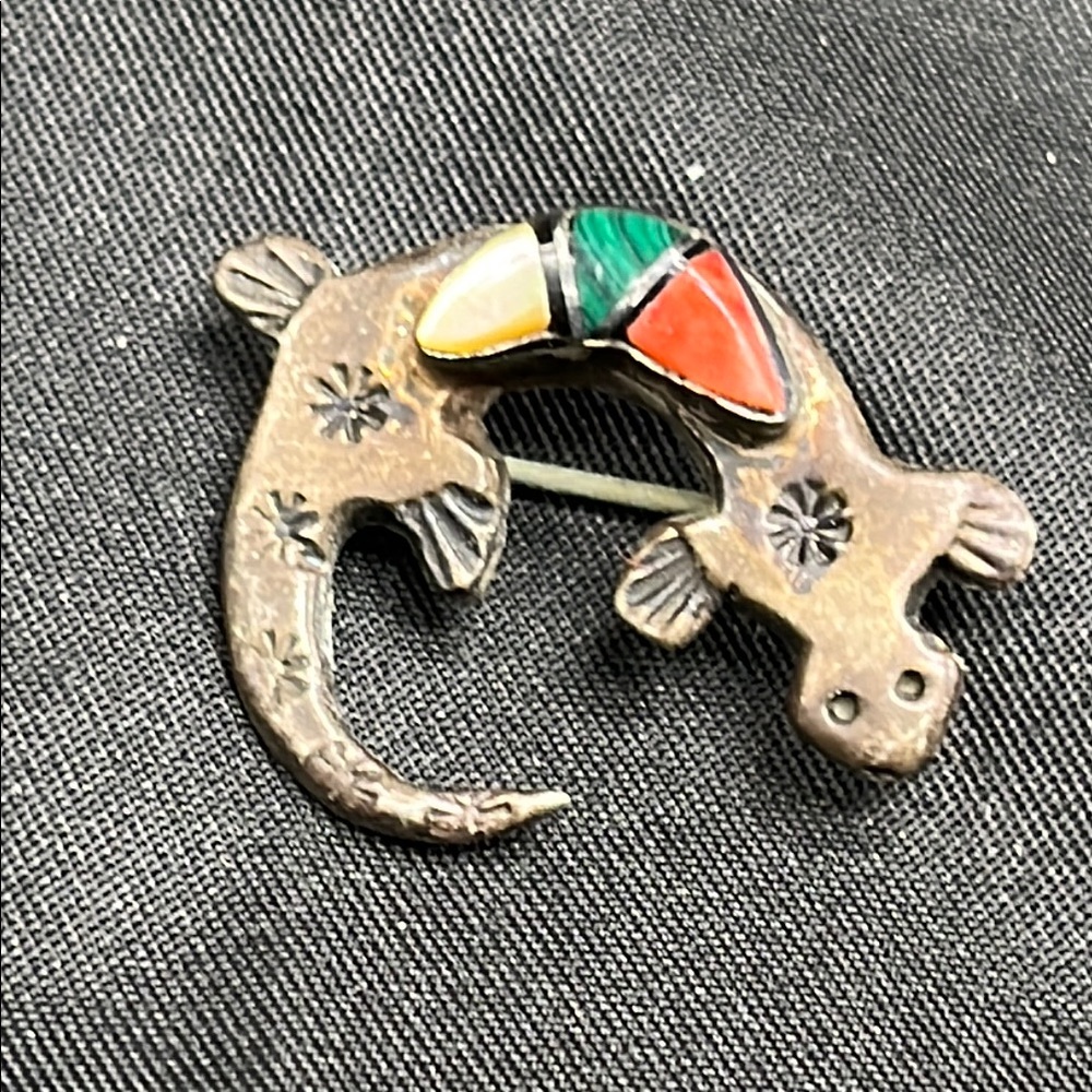 Vintage Sterling Mixed Stones Lizard Pin